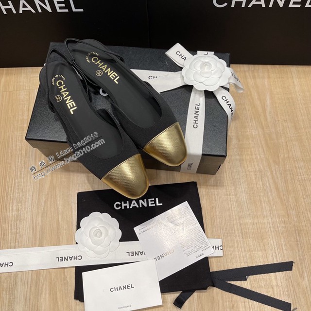 Chanel專櫃經典款女士拼色涼鞋 香奈兒時尚slingback拼色涼鞋平跟鞋中跟鞋 dx2575